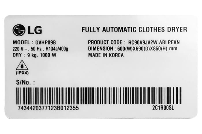 Máy Sấy Bơm Nhiệt LG 9 Kg DVHP09B