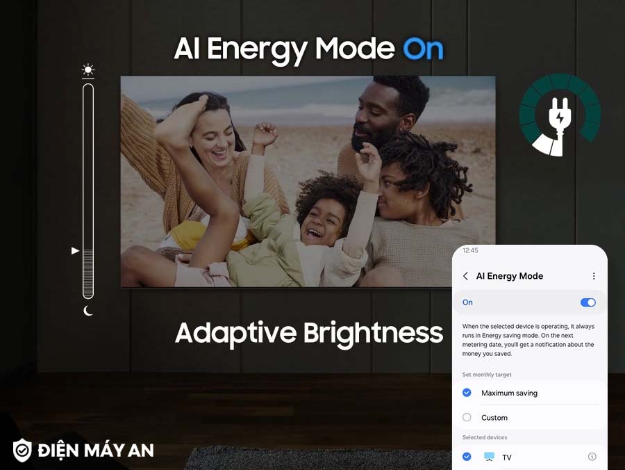 Chế độ AI Energy trên Smart Tivi Samsung 4K 43 Inch UA43DU7700 giúp tiết kiệm điện hiệu quả cho ngôi nhà