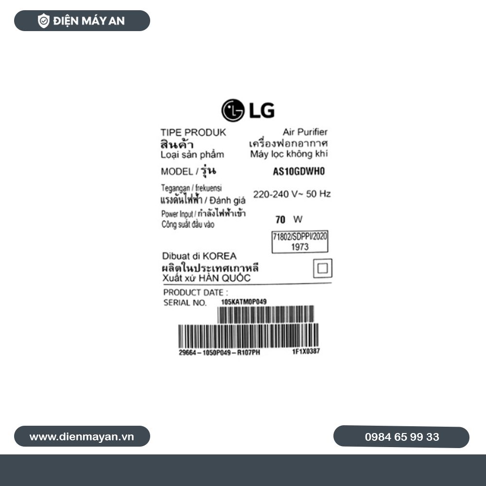 Máy Lọc Không Khí 2 Tầng LG PuriCare AS10GDWH0.ABAE 70W, Hàng Chính Hãng, Giá Tốt