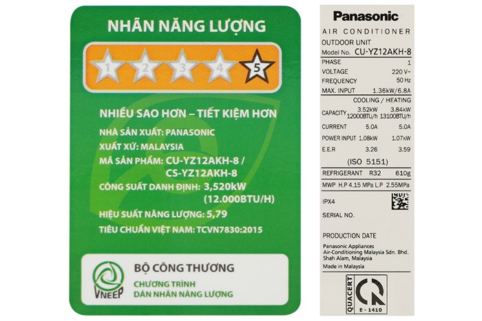 Điều Hoà Panasonic Inverter 12000 BTU 2 Chiều CU/CS-YZ12AKH-8