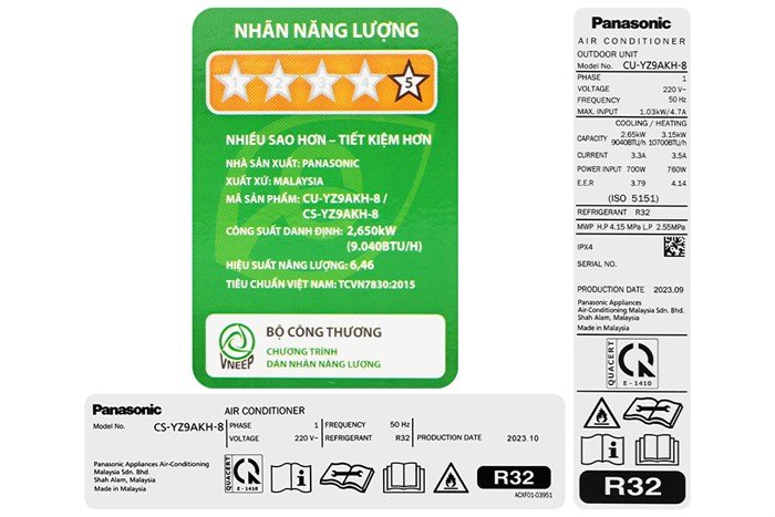 Điều Hoà Panasonic Inverter 9000 BTU 2 Chiều CU/CS-YZ9AKH-8