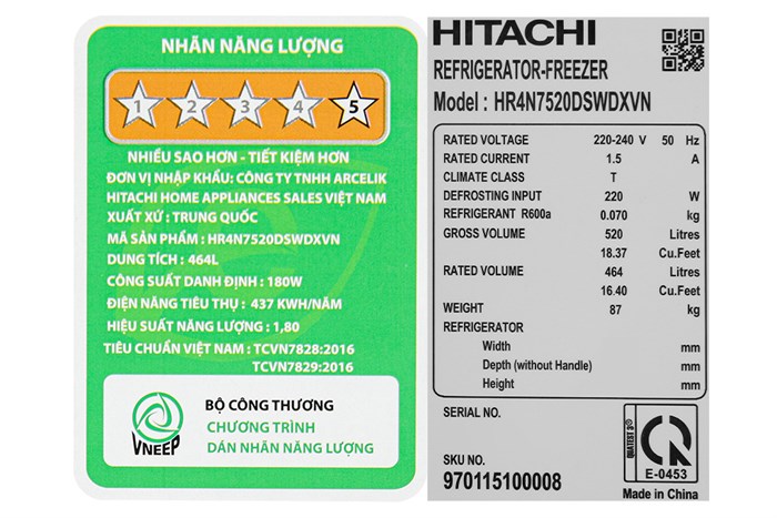 Tủ Lạnh Hitachi Inverter 464 Lít Multi Door HR4N7520DSWDXVN