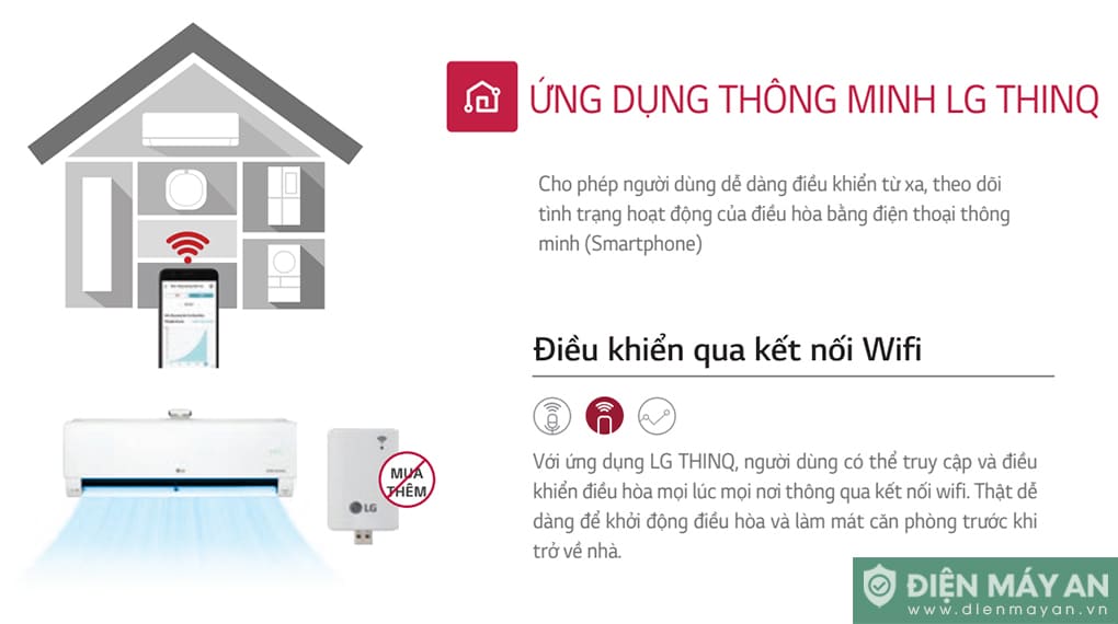 Với ứng dụng LG ThinQ người dùng có thể điều khiển điều hoà từ xa qua việc kết nối với wifi.
