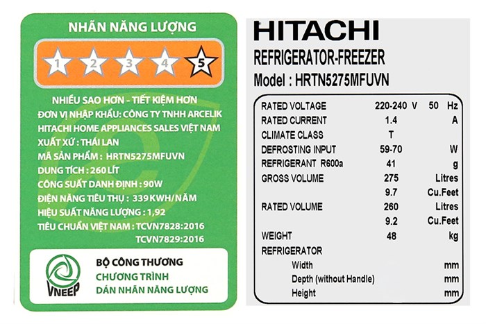 Tủ Lạnh Hitachi Inverter 260 Lít HRTN5275MFUVN&nbsp;