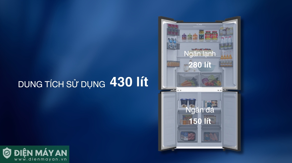 Ngăn đá tủ lạnh RM-430PB có dung tích 150 lít với nhiều kệ, hộc chứa 