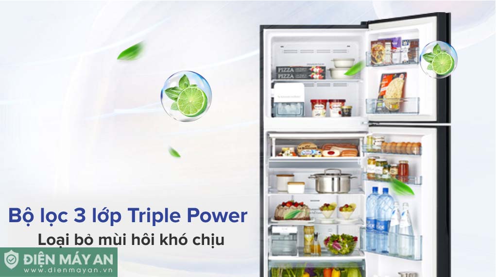 Bộ lọc 3 lớp Triple Power khử sạch 7 loại mùi khó chịu và 99.99% vi khuẩn đảm bảo tủ lạnh luôn sạch sẽ, thơm mát