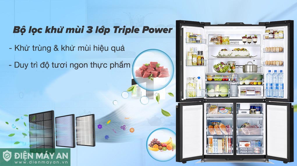 Bộ lọc Triple Power mang lại bầu không gian sạch khuẩn và thông thoáng bên trong tủ lạnh, góp phần bảo quản và duy trì độ tươi ngon của thực phẩm