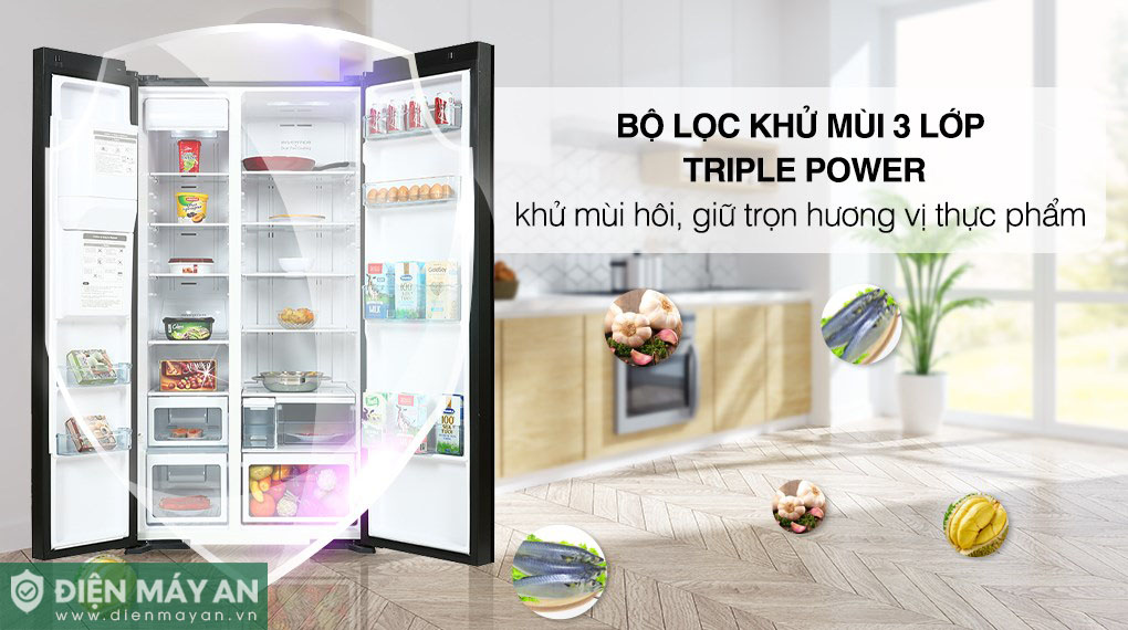 Bộ lọc khử mùi Triple Power đảm bảo không khí trong tủ lạnh luôn sạch sẽ, an toàn