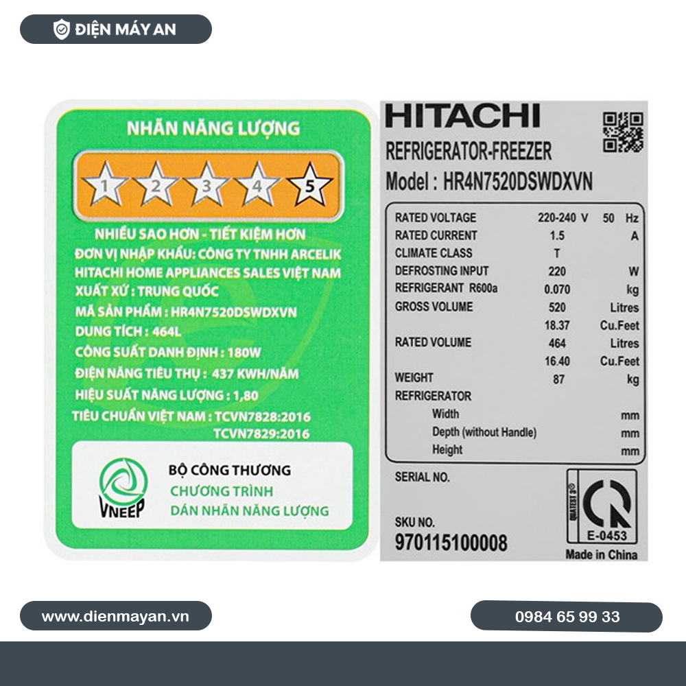 Tủ lạnh Hitachi Inverter 464 lít Multi Door HR4N7520DSWDXVN