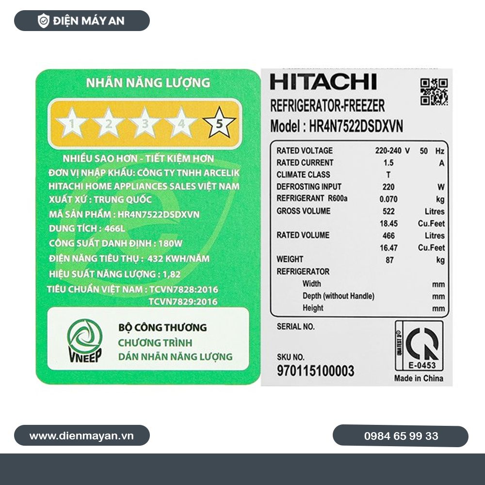 Tủ lạnh Hitachi Inverter 466 lít Multi Door HR4N7522DSDXVN