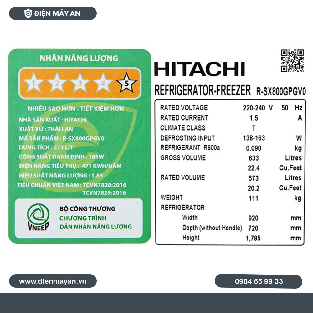 Tủ Lạnh Hitachi Inverter 573 Lít Side By Side R-SX800GPGV0 GBK